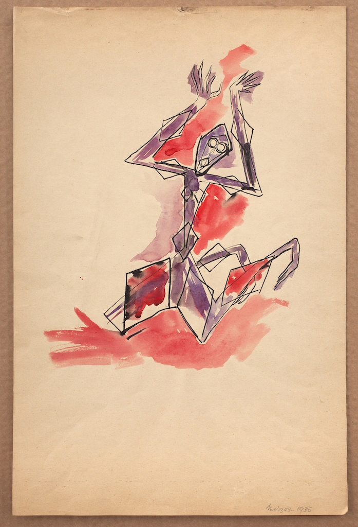 Catherine Yarrow, Kneeling Purple Figure (Morges), 1935, Pen and watercolour on paper, 43.8 x 28.9 cm, Courtesy Austin Desmond, London, Breese Little