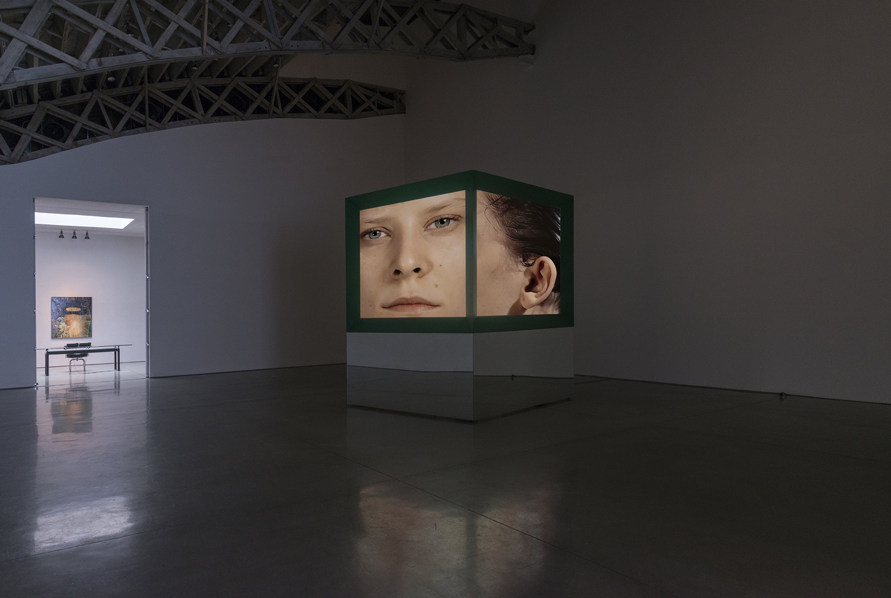 Judith Barry, Imagination, dead imagine, 1991. Five-channel video installation (color, sound; 15:00 minutes) with mirror, wood, and rear projection screens. Courtesy the artist and Mary Boone Gallery, New York. Photo by Adam Reich. Â© Judith Barry