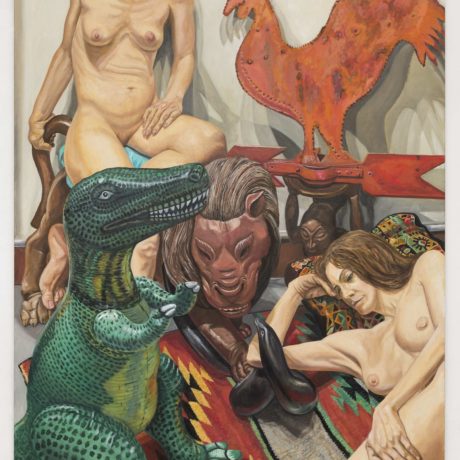 Philip Pearlstein, Two Models, Rooster Weathervane, Luna Park Lion and Blow-up Dinosaur, 2016, Oil on canvas 60 x 48 in. (152.4 x 121.92 cm)