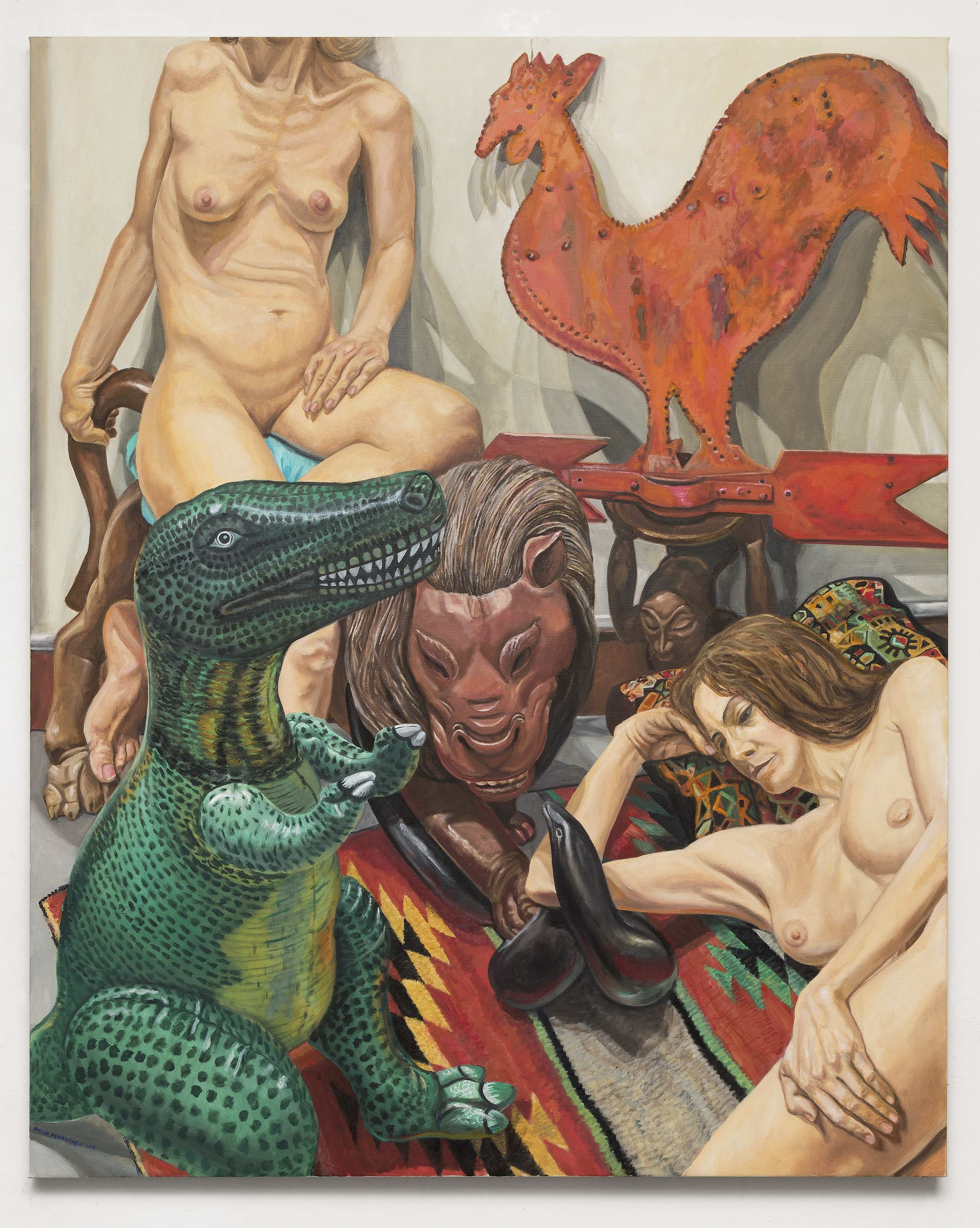 Philip Pearlstein, Two Models, Rooster Weathervane, Luna Park Lion and Blow-up Dinosaur, 2016, Oil on canvas 60 x 48 in. (152.4 x 121.92 cm)