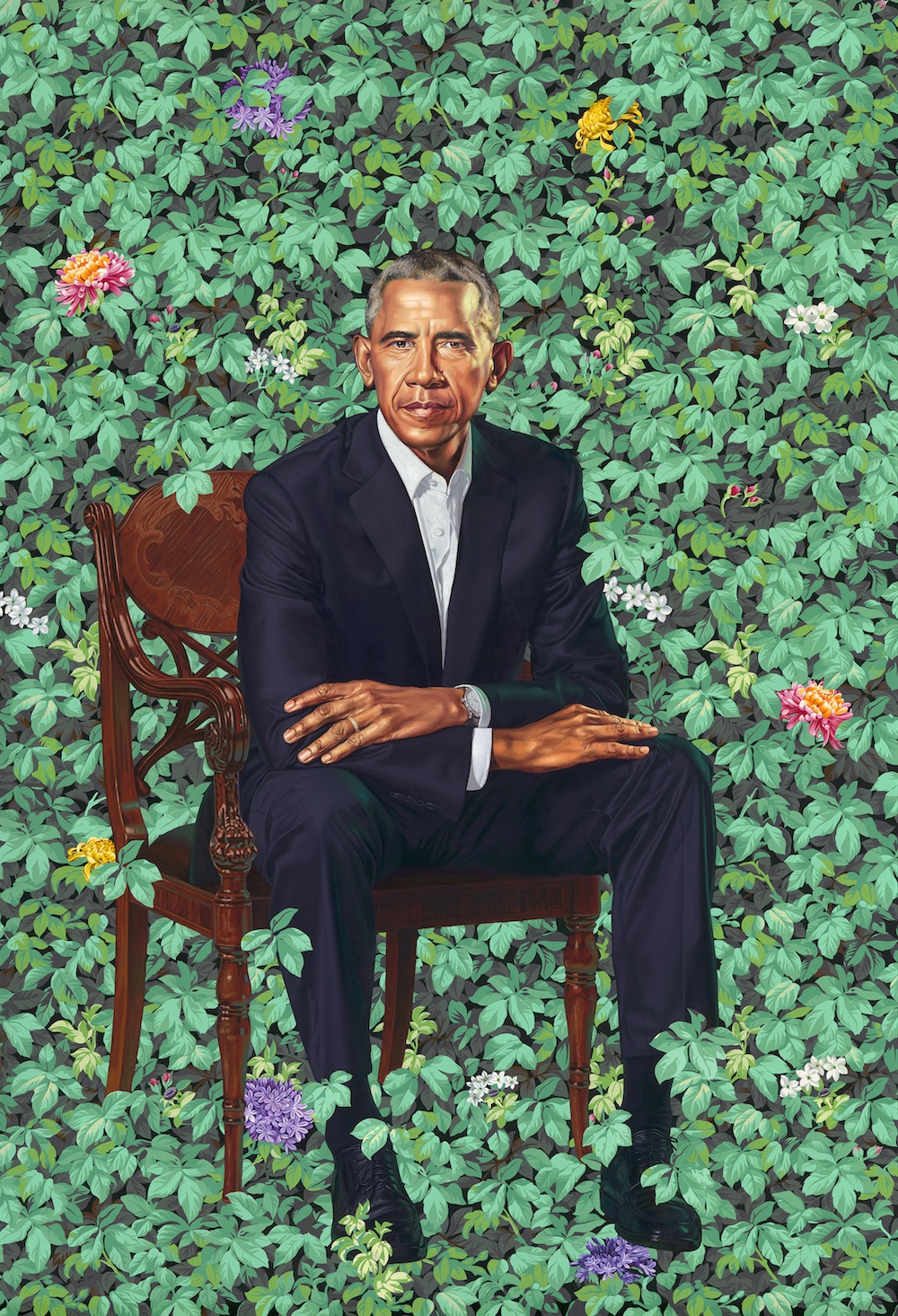 Barack Obama by Kehinde Wiley, oil on canvas, 2018. National Portrait Gallery, Smithsonian Institution. The National Portrait Gallery is grateful to the following lead donors for their support of the Obama portraits: Kate Capshaw and Steven Spielberg; Judith Kern and Kent Whealy; Tommie L. Pegues and Donald A. Capoccia.© 2018 Kehinde Wiley