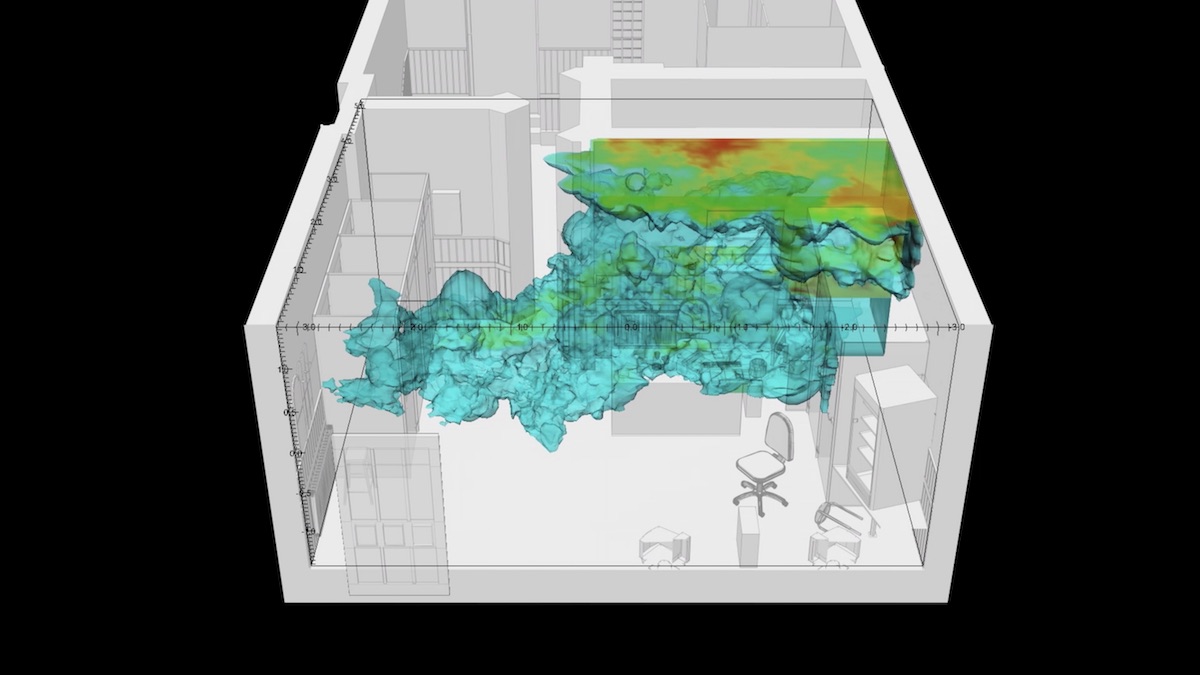 Fluid dynamics simulation of gunpowder residue particles (ammonia) within the front room of the internet cafe in which the murder of Halit Yozgat on 6 April 2006 occurred. Image: Forensic Architecture and Dr Salvador Navarro-Martinez, 2017