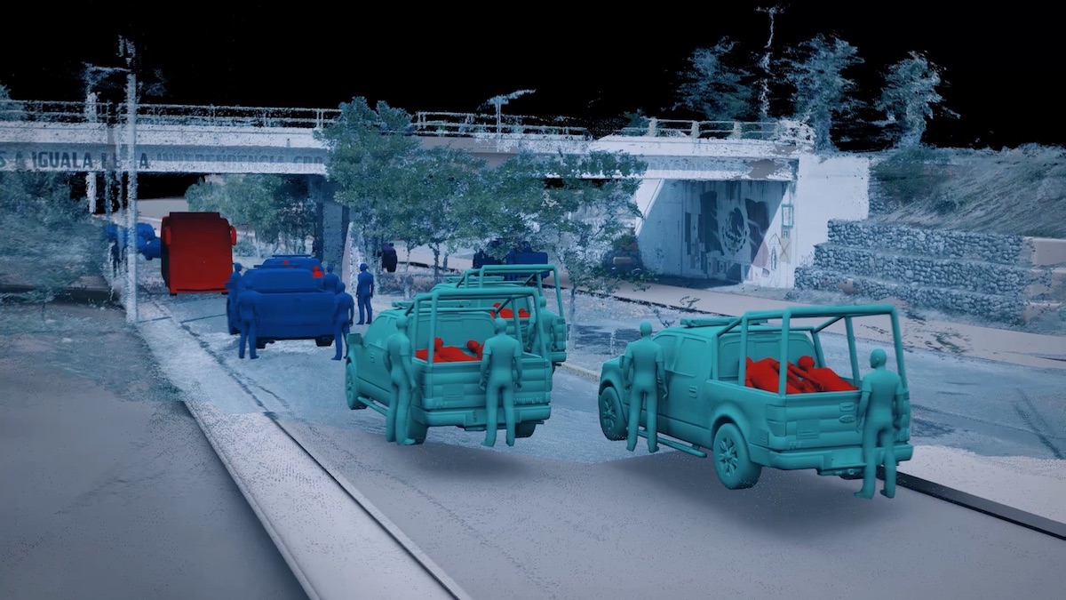 Through 3D modelling, Forensic Architecture reconstructed the attack at the Iguala Palacio de Justicia on the night of 26-27 September 2014. Between twelve and fourteen students (red) were beaten up and loaded into the back of multiple police vehicles (turquoise)<br /> Image: Forensic Architecture, 2017