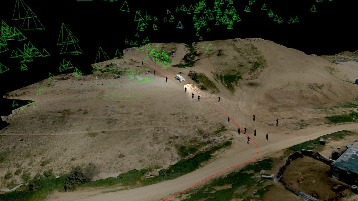 Forensic Architecture used a 3D model to examine whether Abu al-Qiâ€˜anâ€™s car could have rolled downhill of its own accord toward Israeli policemen when the driver was injured. Image: Forensic Architecture, 2018