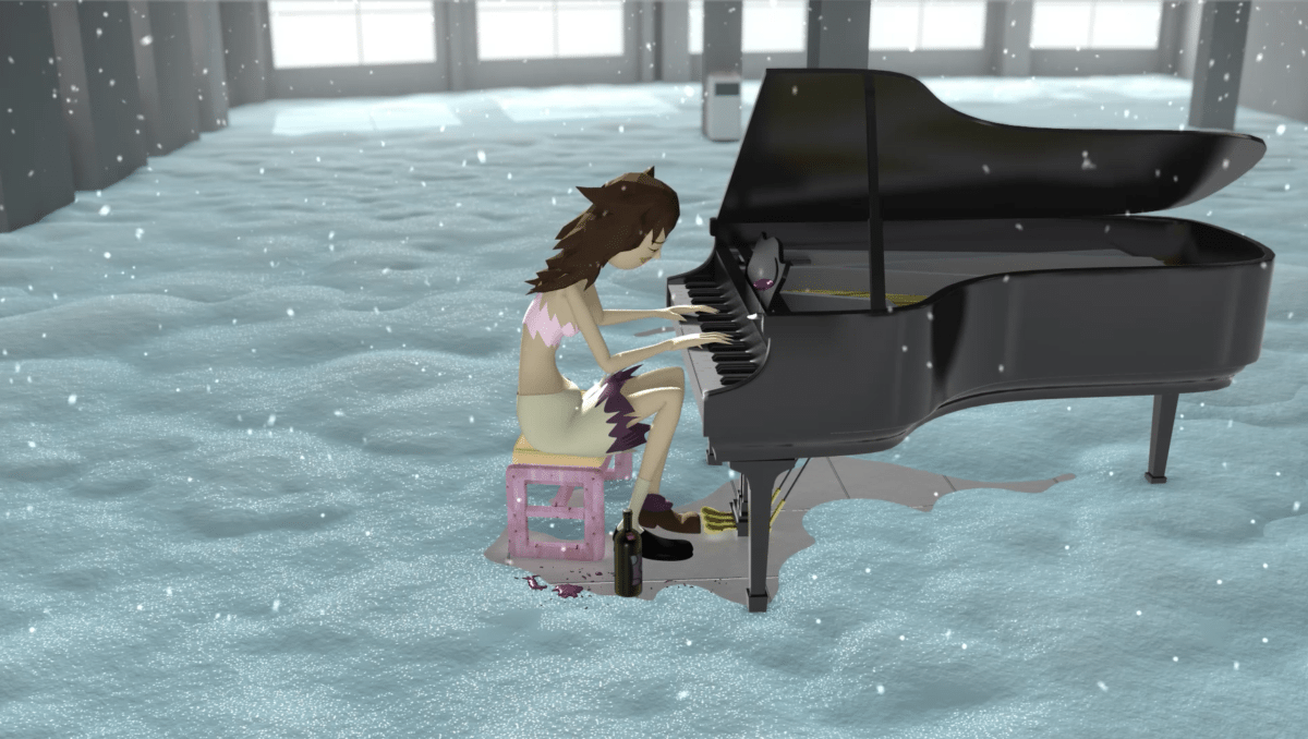 Bunny Rogers, Mandy’s Piano Solo in Columbine Cafeteria, (still), 2016, animated film