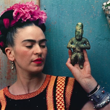 Frida Kahlo with Olmec figurine, 1939. Photograph Nickolas Muray. © Nickolas Muray Photo Archives