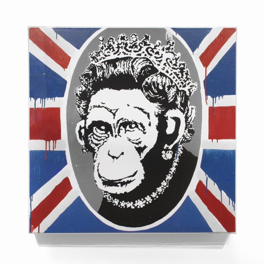 Banksy, Deride and Conquer, 2003, oil and emulsion on canvas, 93 x 95 cm Courtesy Lazinc