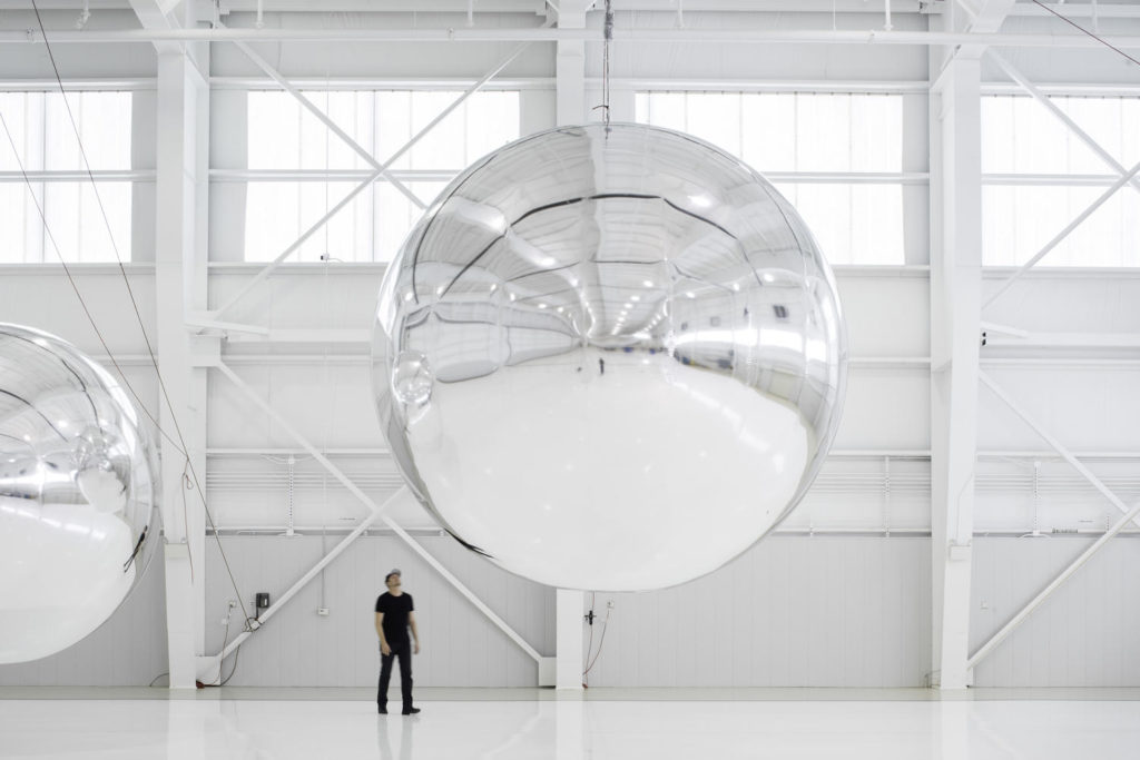 Trevor Paglen with an early prototype of Orbital Reflector. Photo courtesy of Altman Siegel Gallery and Metro Pictures/Nevada Museum of Art