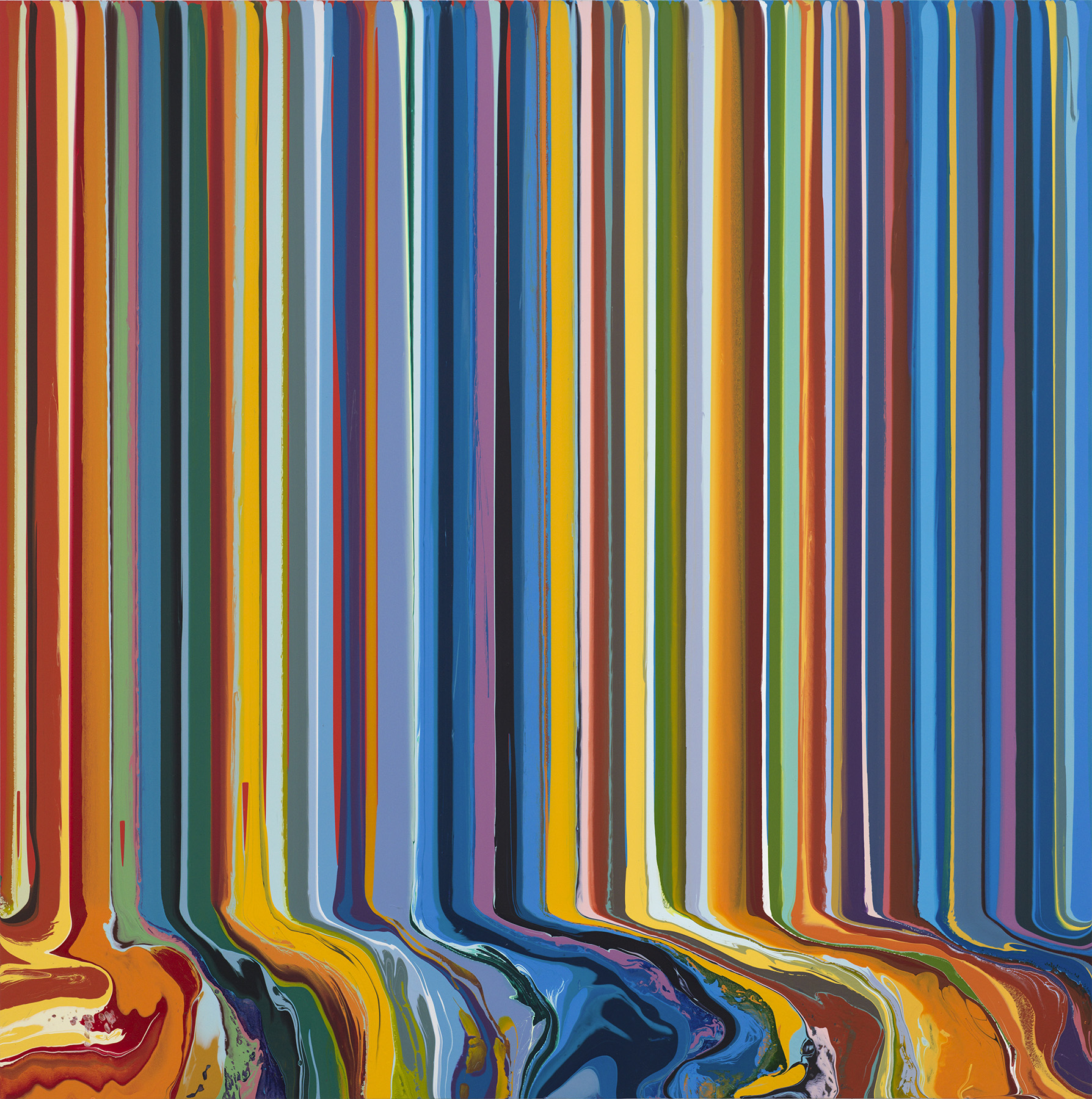 Ian Davenport, Turquoise and Orange Study (After Bonnard), 2018. Acrylic on aluminium mounted on aluminium panel, 101.6 x 101.6 cm
