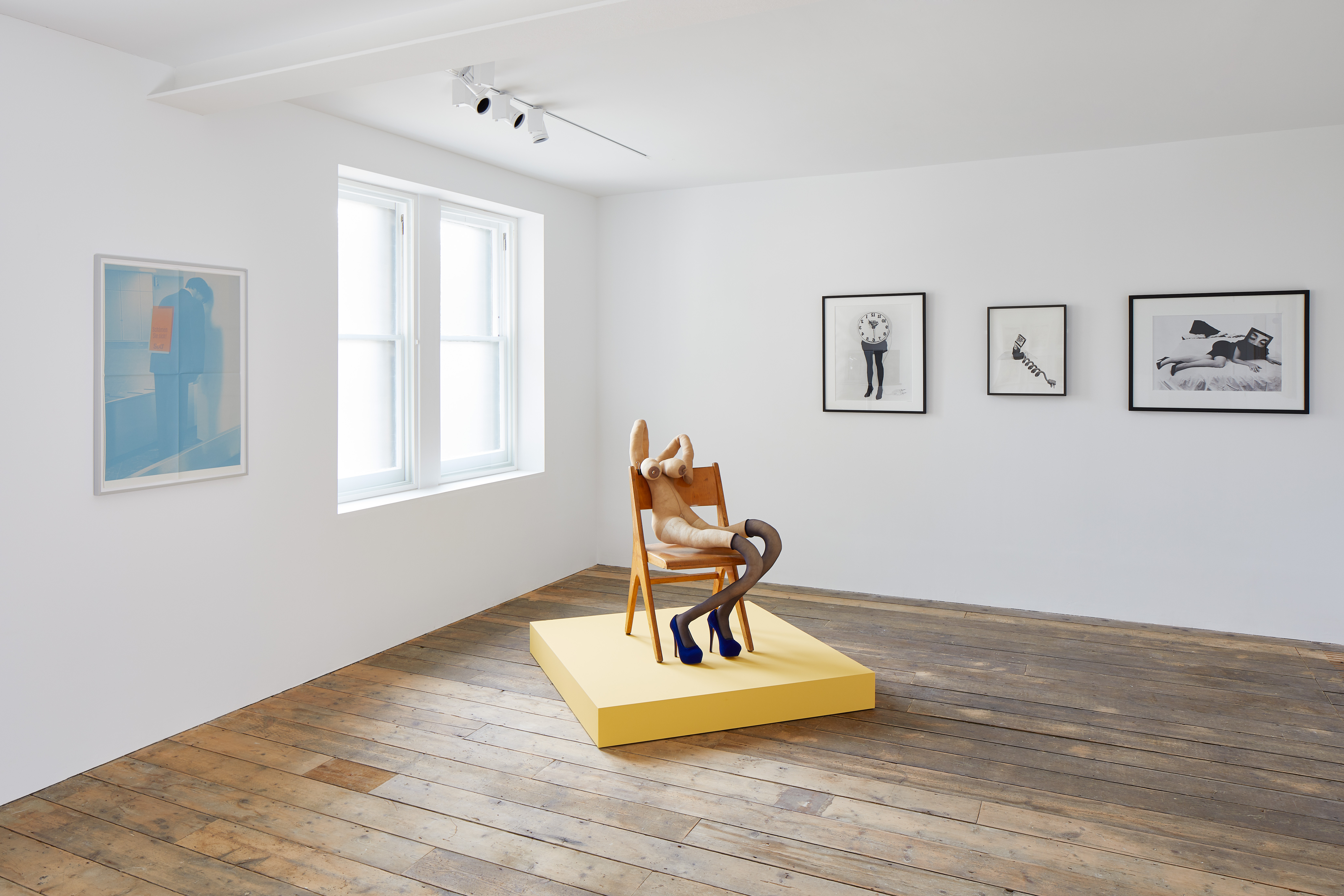 Installation view of KNOCK KNOCK. Pictured: Campaign Volunteer (2018) by Rosemarie Trockel, Yves (2018) by Sarah Lucas and Biological Clock 2 (1995), Call Me (1987) and Seduction (1985) by Lynn Hershman Leeson, Photo: Andy Stagg