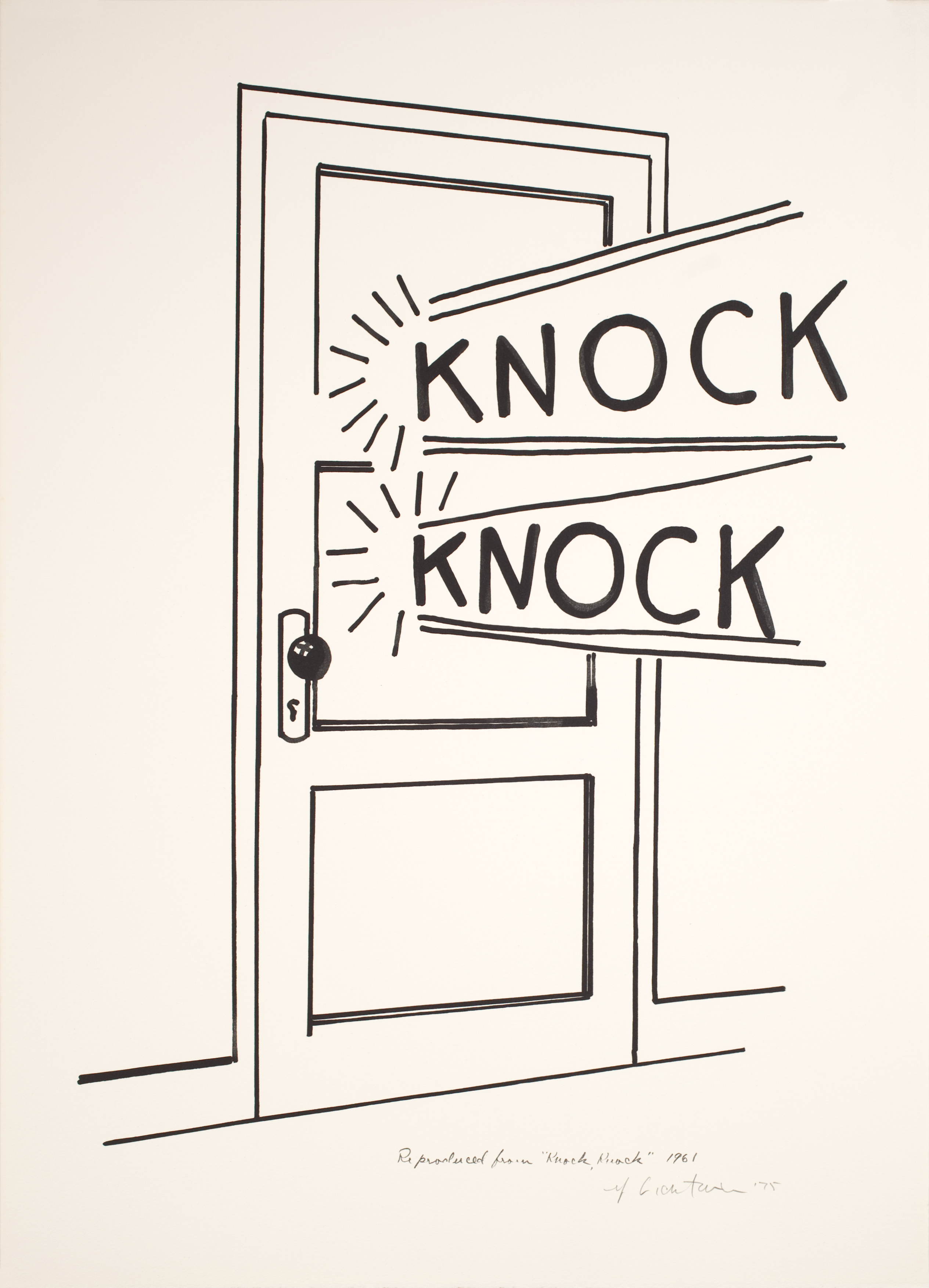 Roy Lichtenstein, Knock, Knock Poster, 1975 Line-cut, in black, on Arches paper, 65.4 x 47.6cm Â© Estate of Roy Lichtenstein/DACS/Artimage 2018
