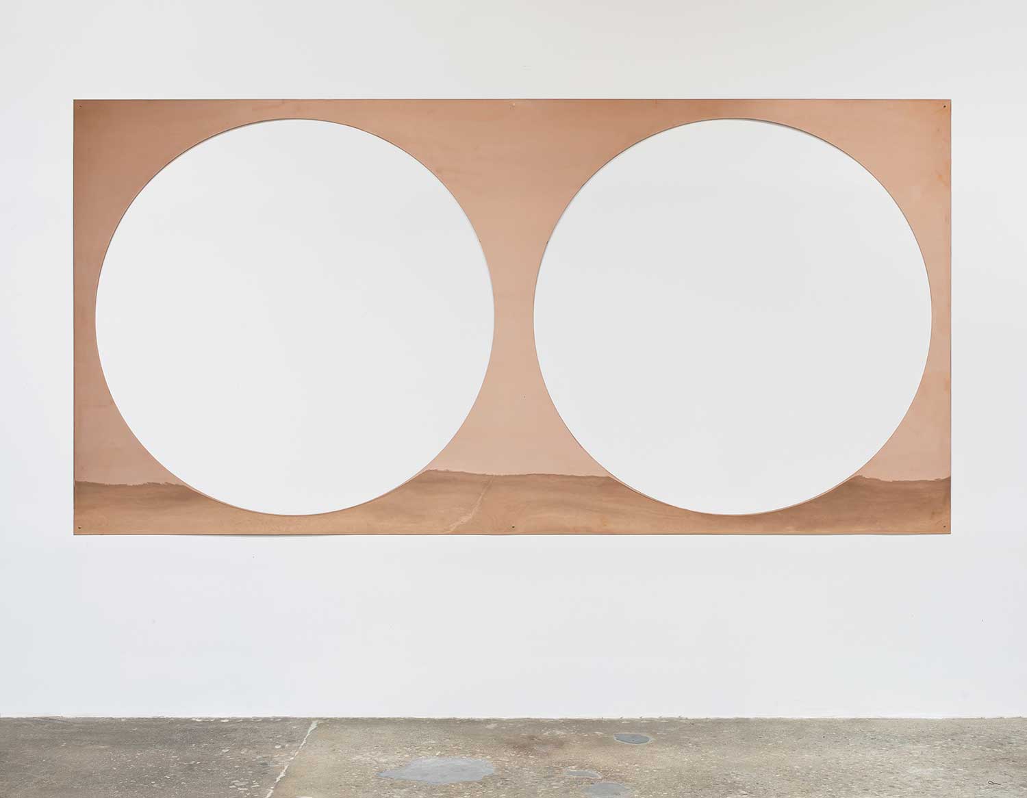 Copper Remnant (Table: designed by unknown, date unknown; Galerie Rodolphe Janssen, Brussels, Belgium, September 6th, 2011), 2012, polished copper, 152.4 x 304.8 cm. Photo: Brian Forrest, courtesy of the artist and Regen Projects, Los Angeles