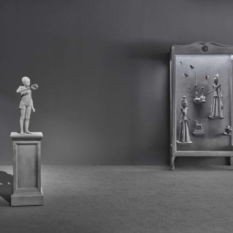 Hans Op de Beeck, Cabinet of Curiosities at Galerie Ron Mandos. Pictured left: Tatiana (Soap Bubble), 2018. Pictured right: Wunderkammer 8