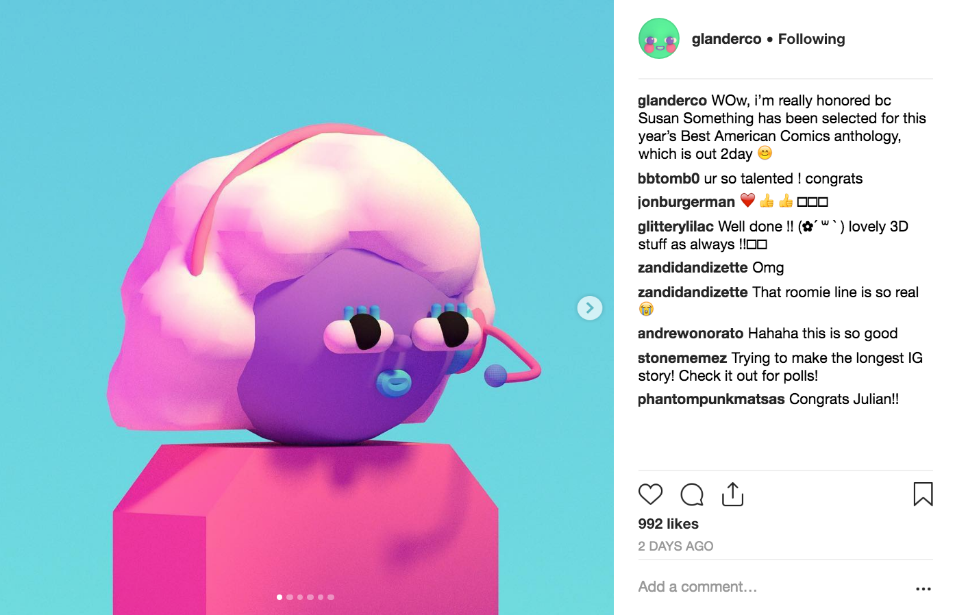 Julian Glander's Instagram, featuring his comic Susan Something
