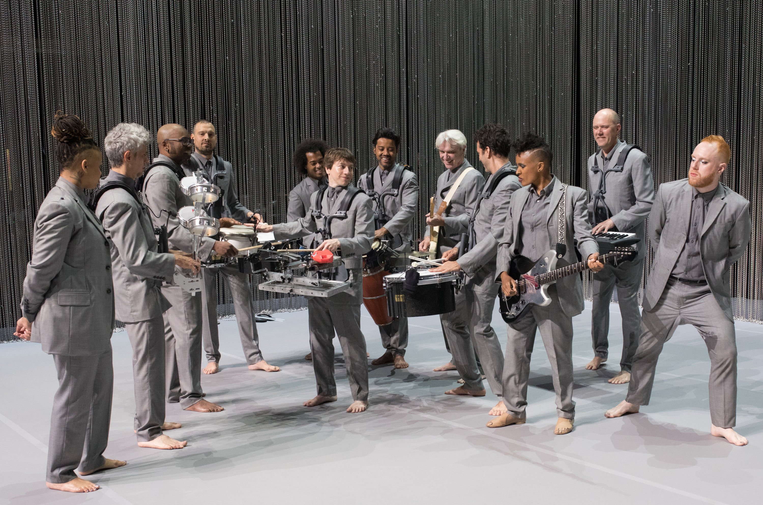 American Utopia tour: Tendayi Kuumba, Mauro Refosco, Davi Viera, Aaron Johnston, Bobby Wooten, Tim Keiper, Gustavo Di Dalva, David Byrne, Daniel Freedman, Angie Swan, Karl Mansfield, Chris Giarmo. Photography by Donna Lewis.