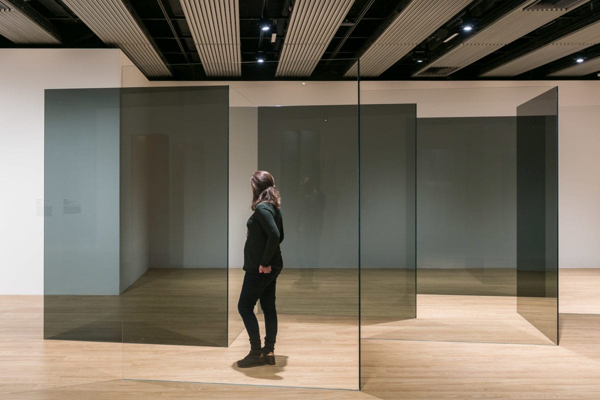 Installation view of Larry Bell, Standing Walls, 1969, at Space Shifters © copyright the artist, courtesy Hayward Gallery 2018. Photo by Mark Blower.