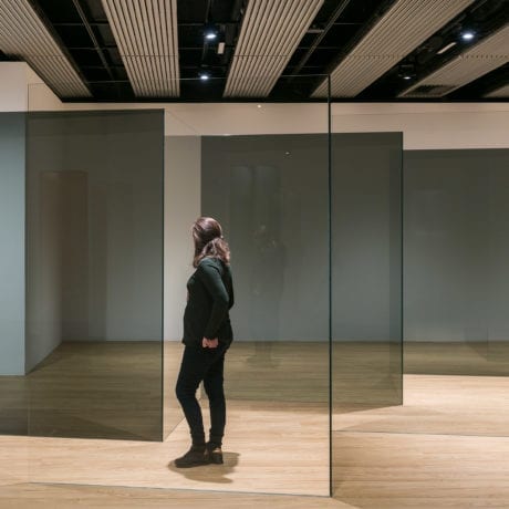 Installation view of Larry Bell, Standing Walls, 1969, at Space Shifters © copyright the artist, courtesy Hayward Gallery 2018. Photo by Mark Blower.