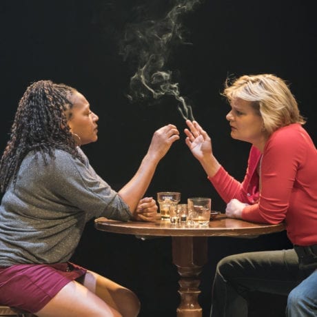 Clare Perkins (Cynthia) and Martha Plimpton (Tracey) in Sweat at the Donmar Warehouse directed by Lynette Linton, designed by Frankie Bradshaw. Photo Johan Persson.