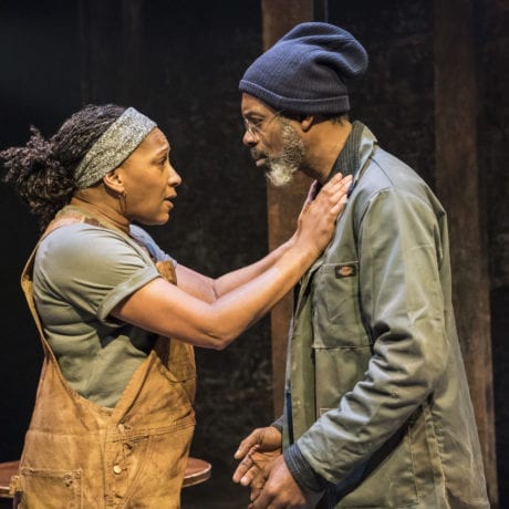 Patrick Gibson (Jason) and Osy Ikhile (Chris) in Sweat at the Donmar Warehouse directed by Lynette Linton, designed by Frankie Bradshaw. Photo Johan Persson