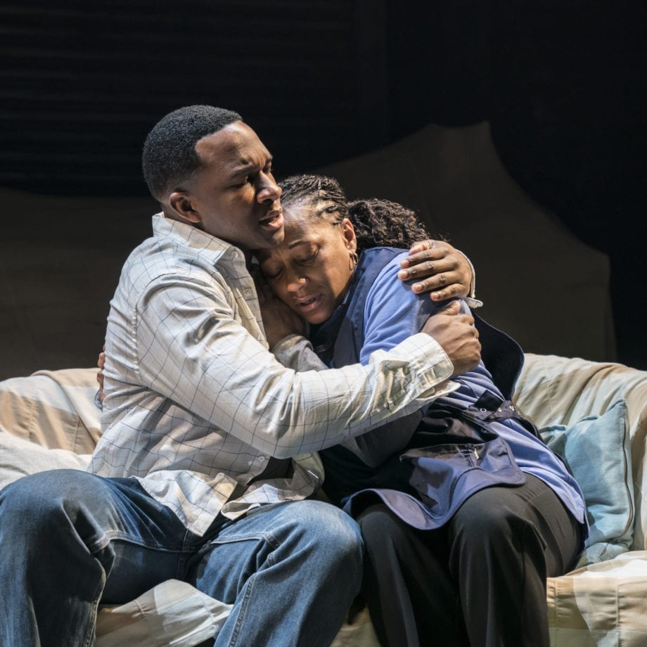 Osy Ikhile (Chris) and Clare Perkins (Cynthia) in Sweat at the Donmar Warehouse directed by Lynette Linton, designed by Frankie Bradshaw. Photo Johan Persson