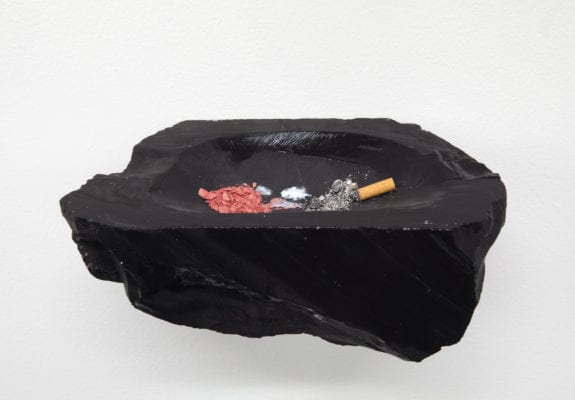 Chasing, Pausing, Waiting, 2014. Blusher, bird droppings, cigarette ash (from a smoker wanting to quit), black marble