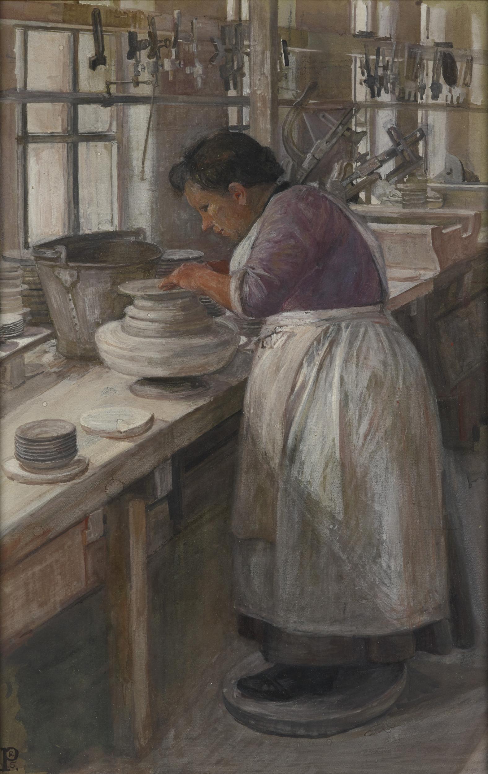 Sylvia Pankhurst, On a Pot Bank: Finishing Off the Edges of the Unbaked Plates on a Whirler 1907 