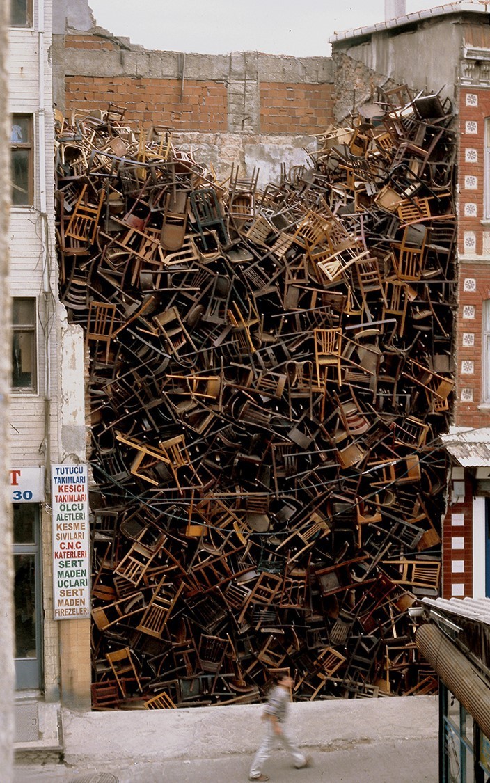 Doris Salcedo, Untitled, 2003. 1,550 wooden chairs, approx. 10.1 Ã— 6.1 Ã— 6.1 m. Site-specific work, 8th International Istanbul Biennial, Istanbul, 2003 Photo: Sergio Clavijo. Courtesy of Alexander and Bonin, New York
