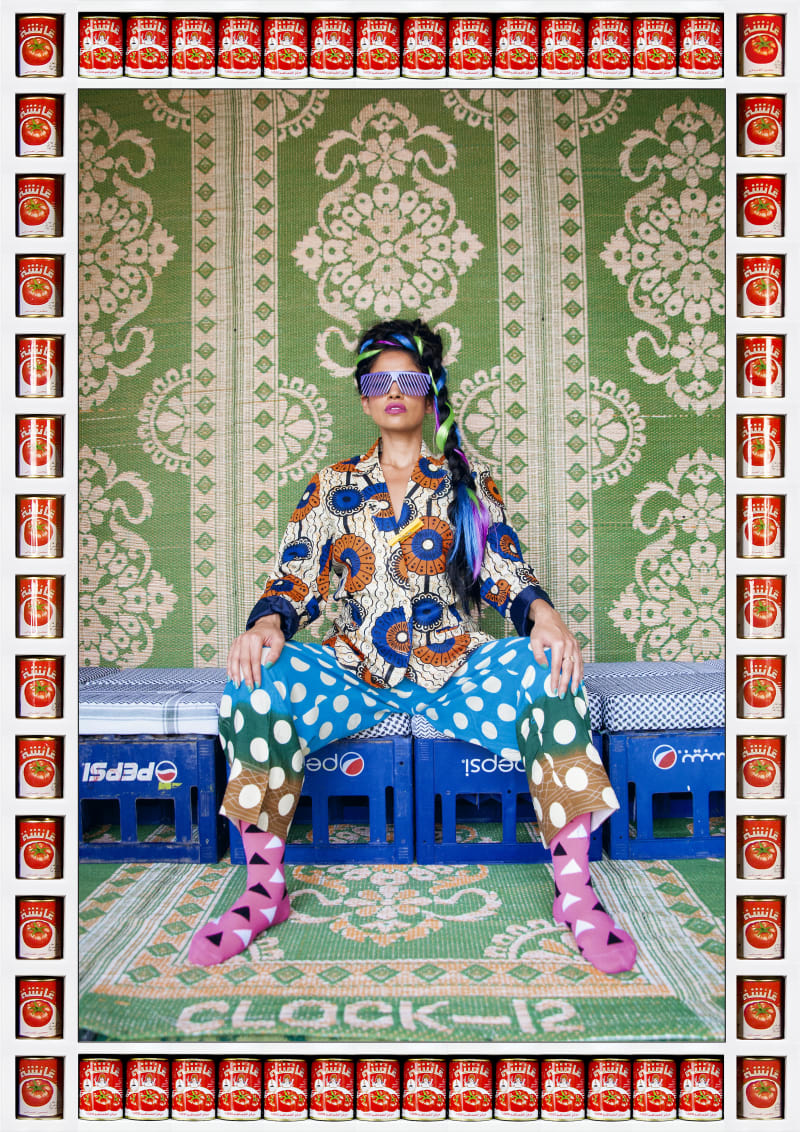 Hassan Hajjaj, Alo Wala, 2015/1436. Metallic lambda on 3mm dibond Frame: wood sprayed white with "Aicha" tomato cans 133 x 94 x 6.3cm. Courtesy of the artist and Taymour Grahne, London