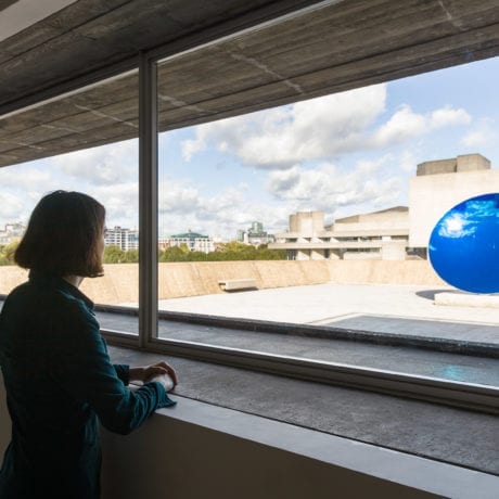 Installation view of Anish Kapoor, Sky Mirror Blue, 2016 at Space Shifters. Courtesy of Hayward Gallery, 2018. Photography by Mark Blower