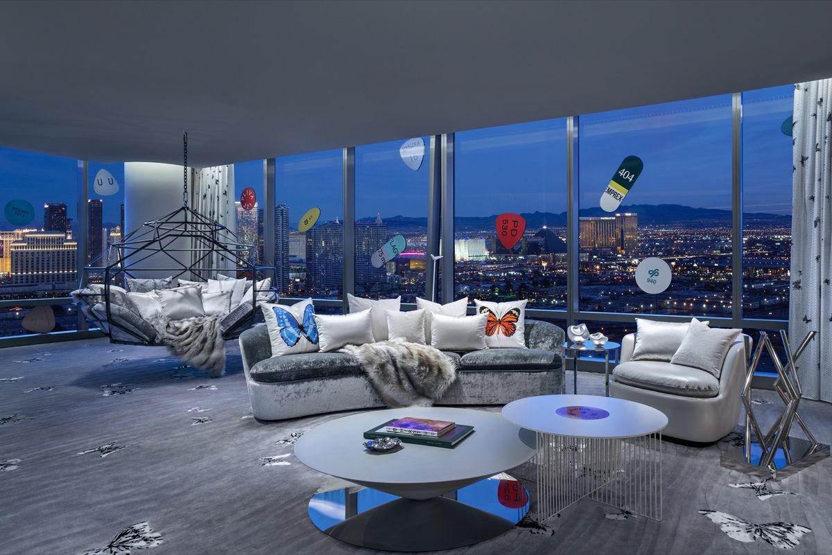 Living room of the Empathy Suite at Palms Casino Resort, Las Vegas. Designed by Bentel & Bentel and Damien Hirst featuring work by the artist. Image courtesy of Palms Casino Resort.