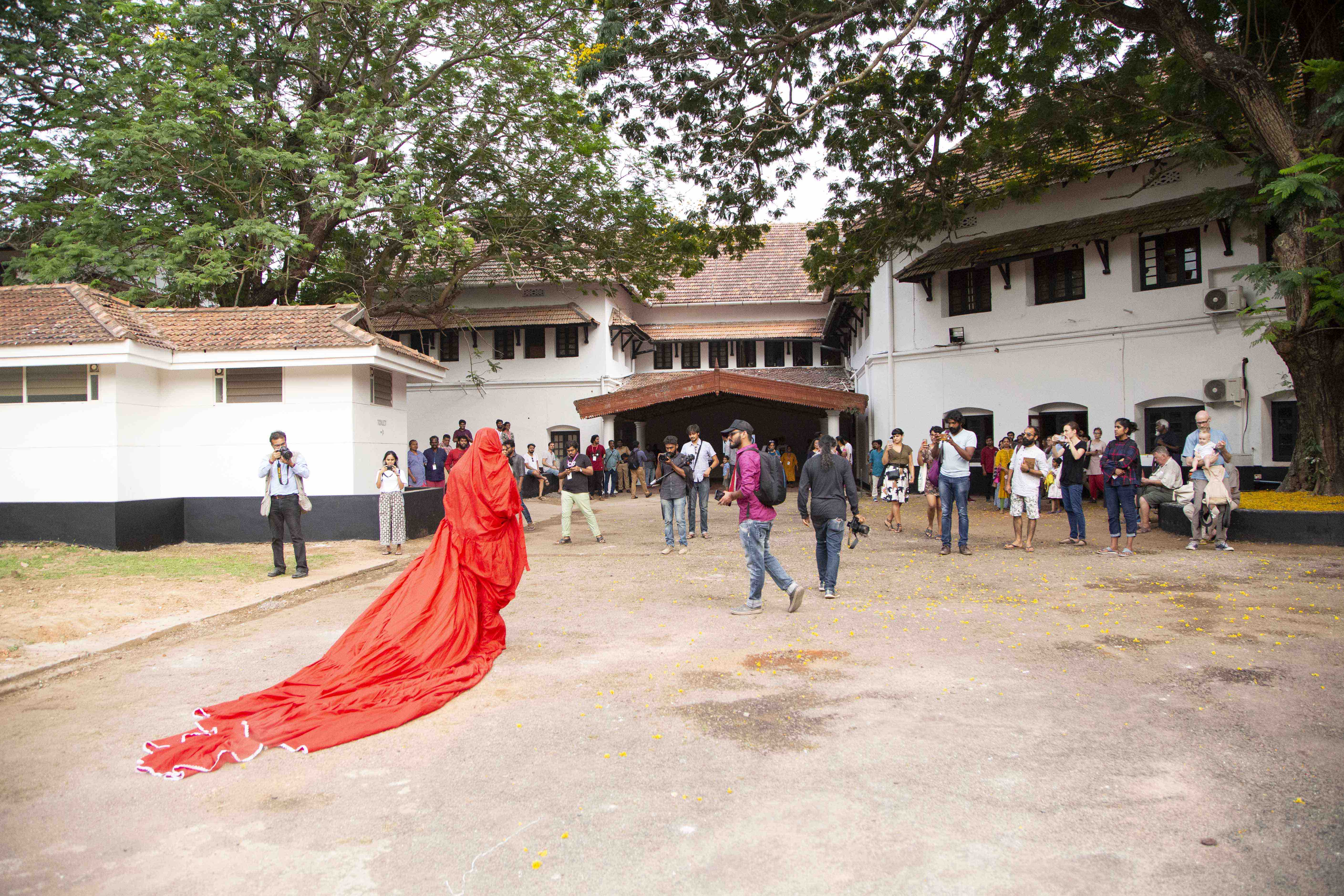 A performance by artists Aryakrishnan (Biennale artist), Gee Imaan Semmalar, and Raju Rage at the Kochi-Muziris Biennale