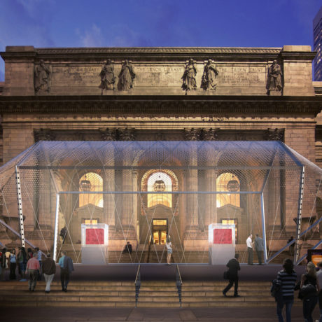 Visualisation of Our Blood housed in its Norman Foster-designed pavilion outside the New York Public Library. Courtesy of Marc Quinn studio and The Norman Foster Foundation