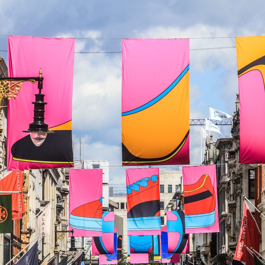 Flag artwork by Sir Michael Craig-Martin in New Bond Street as part of the RA Summer Exhibition, London, UK - 06 Jun 2019. Photo by Amer Ghazzal/Shutterstock