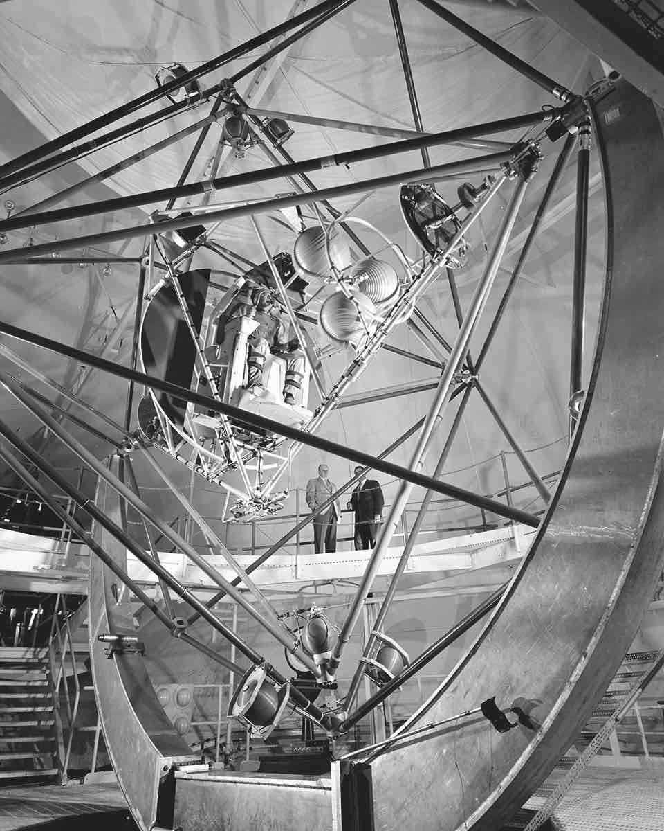 Gimbal rig, Multiple Axis Space Test Inertia Facility (MASTIF), used for training astronauts to control pitch and roll for the early Mercury missions (1958–63), Lewis Research Center, Lewis Field, Cleveland, Ohio, 1957. Picture credit: NASA