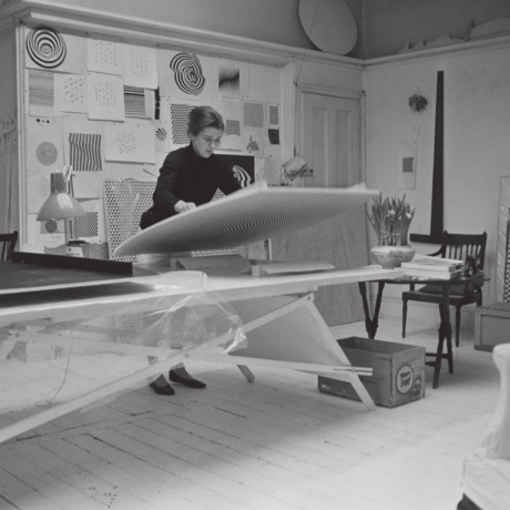 Bridget Riley in her Warwick Road Studio, London, early 1960s. Photo by Tony Evans. Image from the book Bridget Riley A Very Very Person.