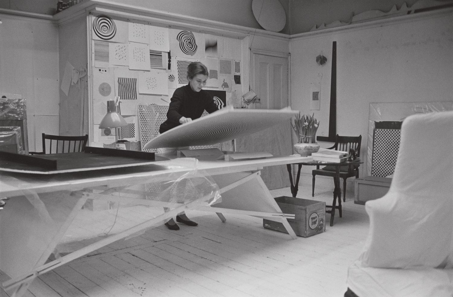 Bridget Riley in her Warwick Road Studio, London, early 1960s. Photo by Tony Evans. Image from the book Bridget Riley A Very Very Person.