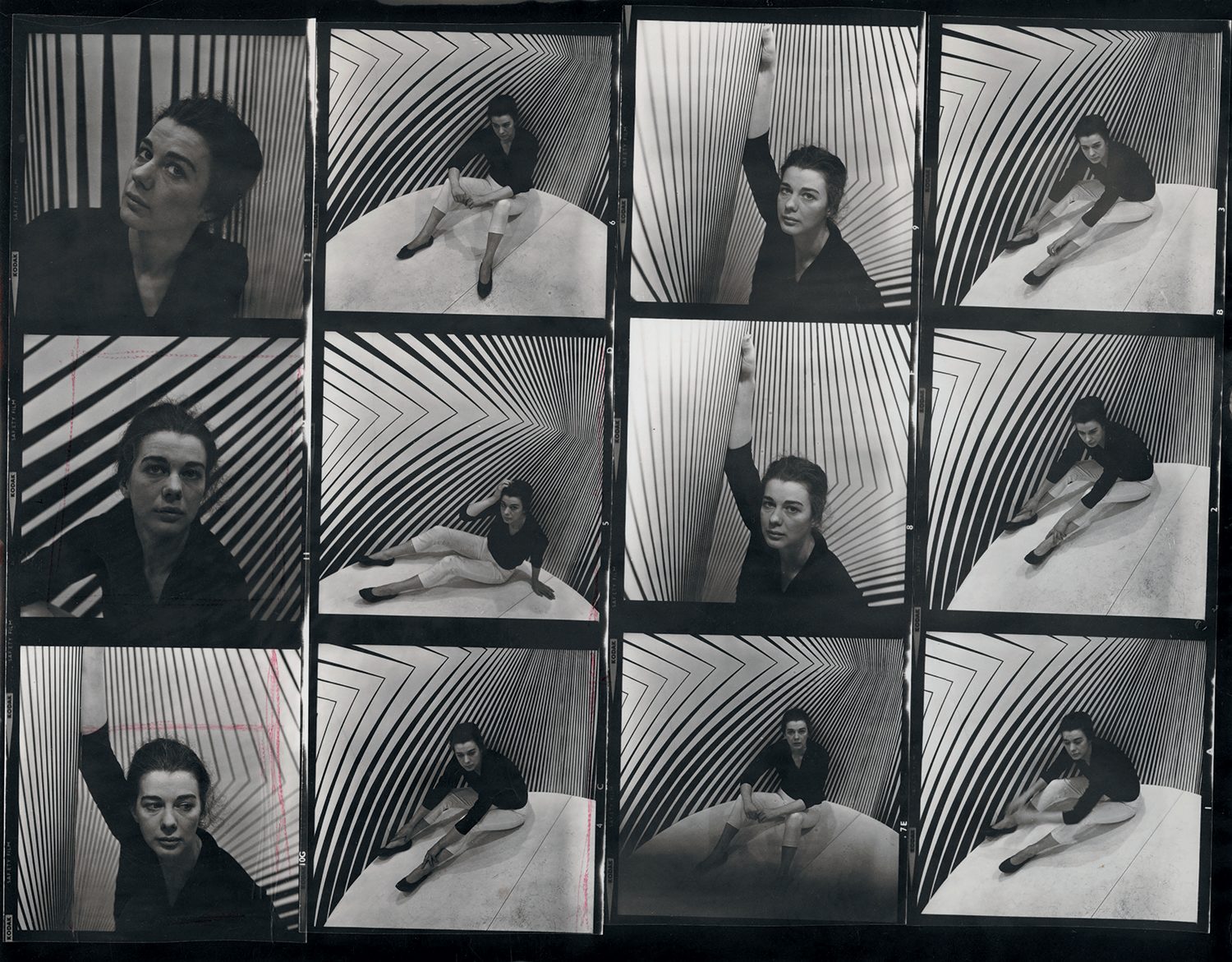 Bridget Riley inside Continuum, contact sheet by Ida Kar, 1963. National Portrait Gallery. From the book Bridget Riley A Very Very Person.