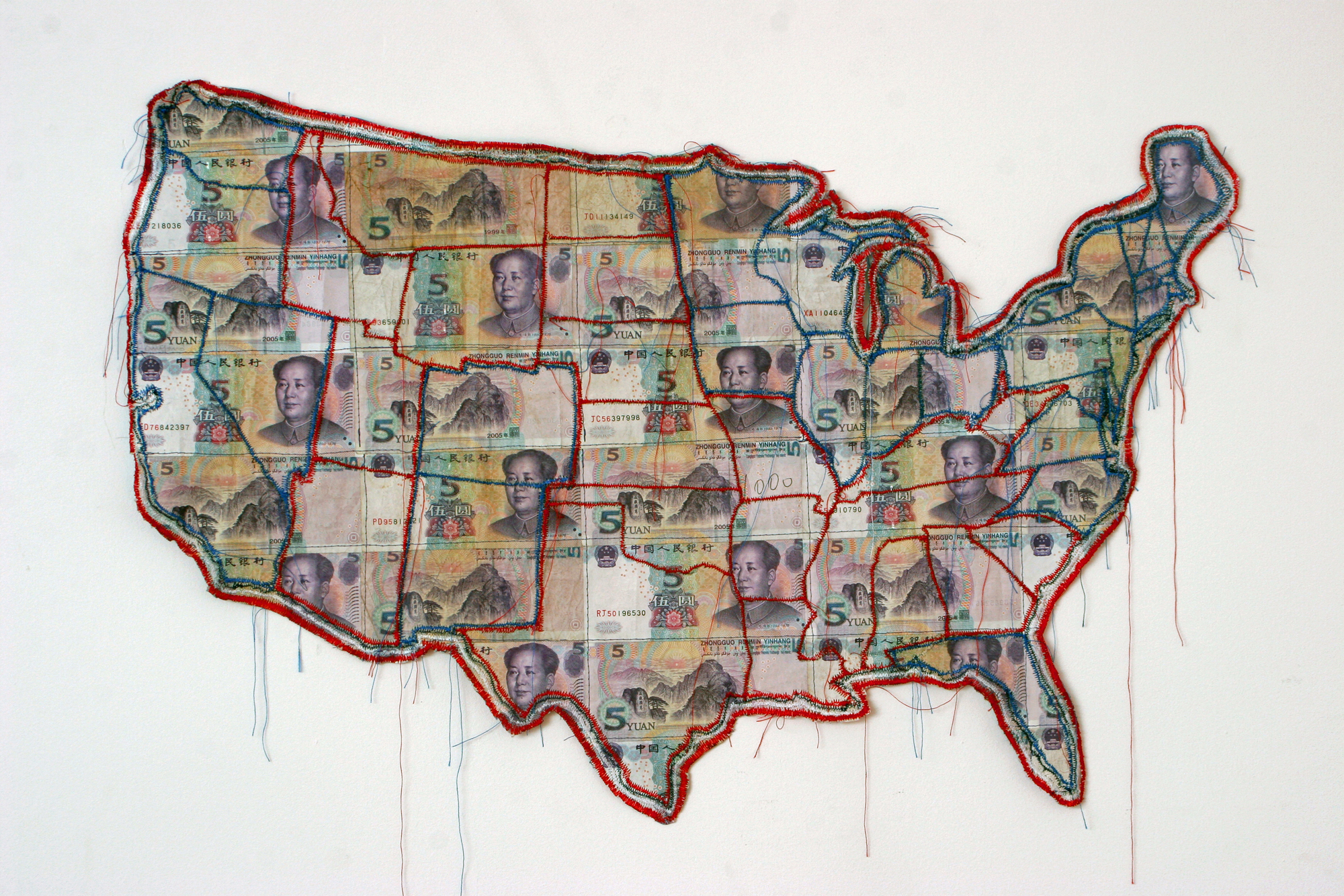 America -An Imperial State, 2010. Edition of 5. Chinese paper currency & thread Â© Susan Stockwell