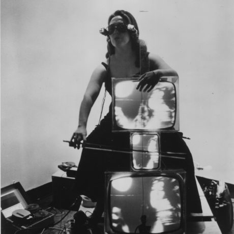 Nam June Paik, Charlotte Moorman with TV Cello and TV Eyeglasses 1971. Lent by the Peter Wenzel Collection, Germany