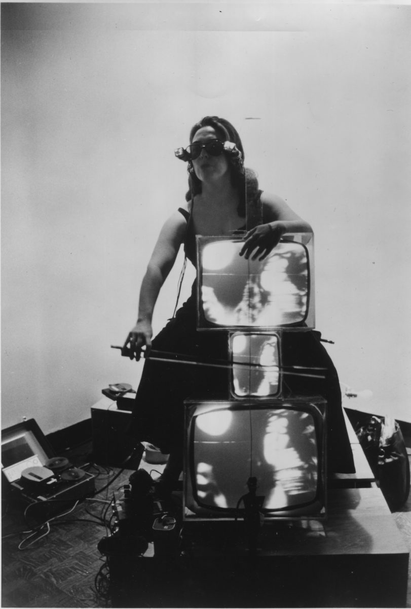 Nam June Paik, Charlotte Moorman with TV Cello and TV Eyeglasses 1971. Lent by the Peter Wenzel Collection, Germany