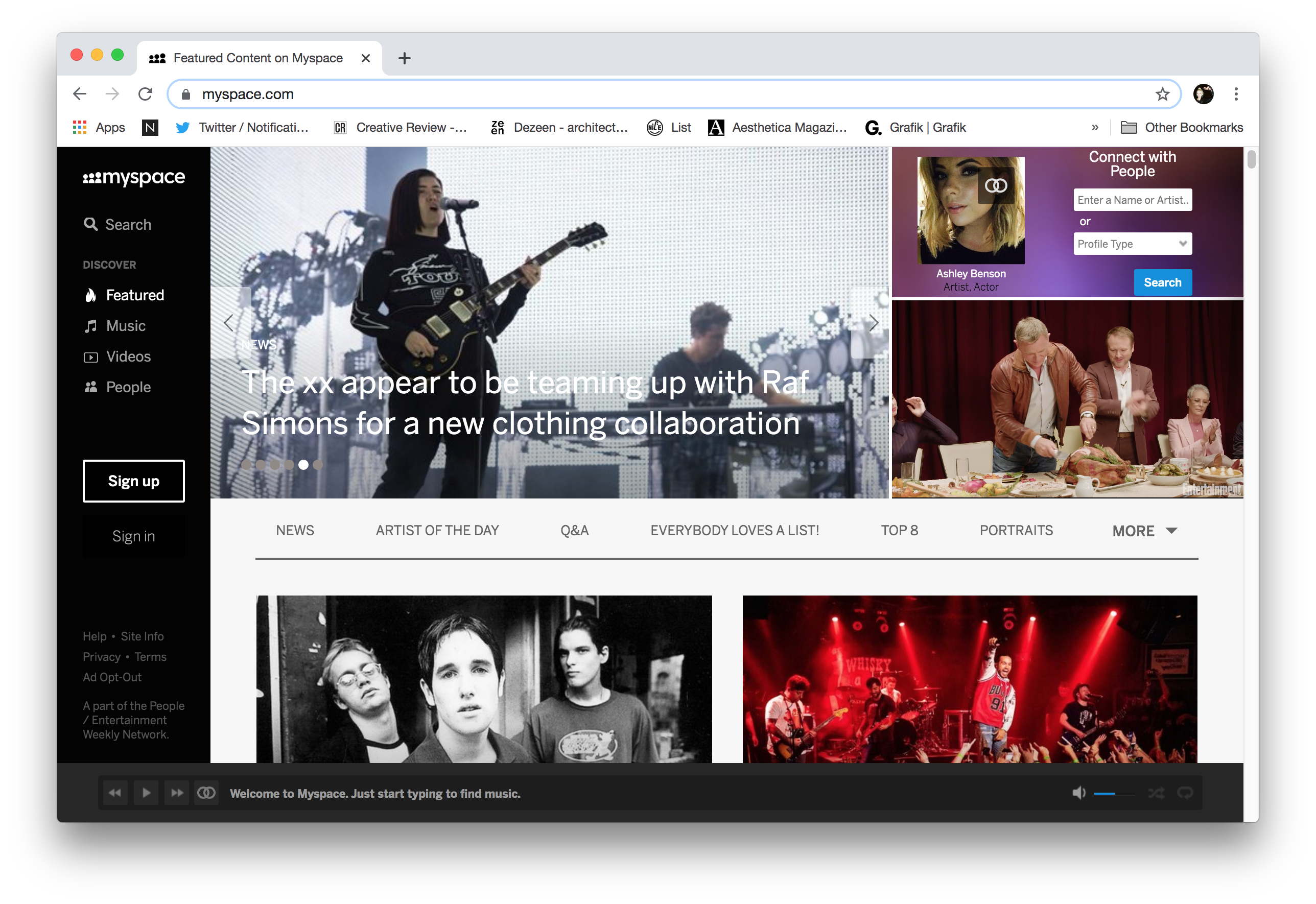 The Myspace homepage, November 2019