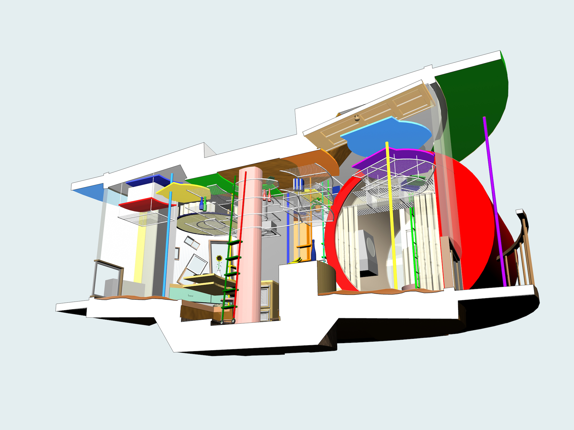 Arakawa and Madeline Gins, Reversible Destiny Lofts Mitaka—In Memory of Helen Keller (digital rendering), 2001 © 2019 Estate of Madeline Gins. Reproduced with permission of the Estate of Madeline Gins. Courtesy of Reversible Destiny Foundation