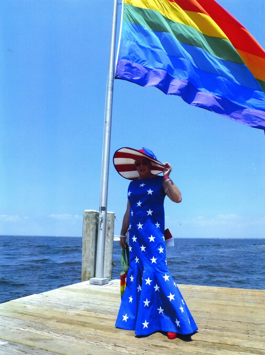 Gilbert Baker in Betsy Ross gown, Fire Island (ca. 2012); photographer unknown, collection of the GLBT Historical Society