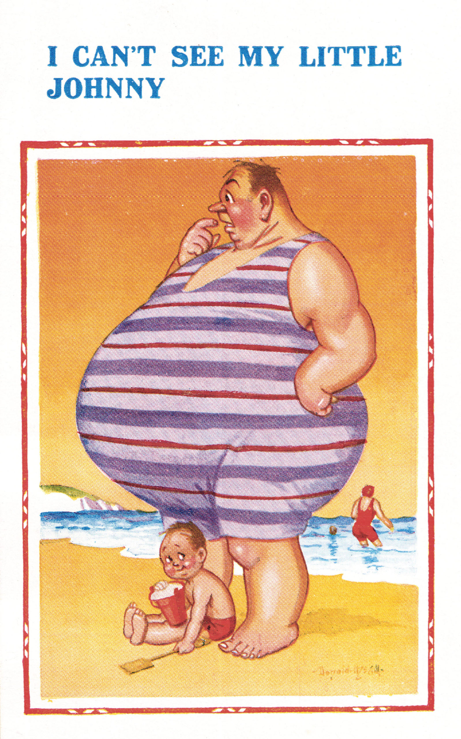 'I Can't See My Little Johnny' - Humorous saucy seaside postcard design by Donald McGill (1875-1962) © The Donald McGill Archive Collection / Mary Evans Picture Library