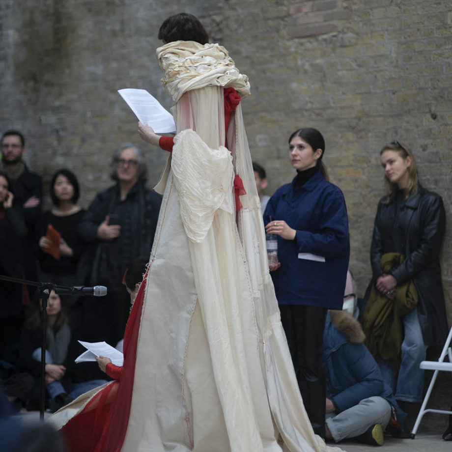 How Deep Is Your Love (2019–20). Performance wearing sculptures (Scrofula II and Dress for a Blemmye). Performed at As If, Goldsmiths CCA, 2020. Courtesy Rosie Taylor