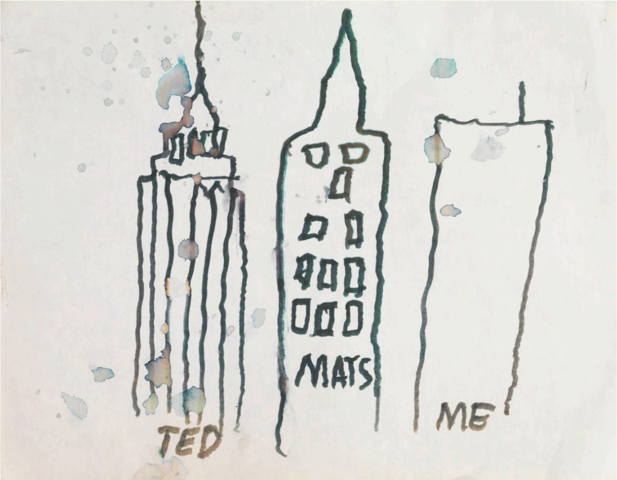 Eric Rhein, Ted Mats Me (from Hospital Drawings, Saint Vincent’s Hospital), 1994, marker on paper, 11 x 12 inches.