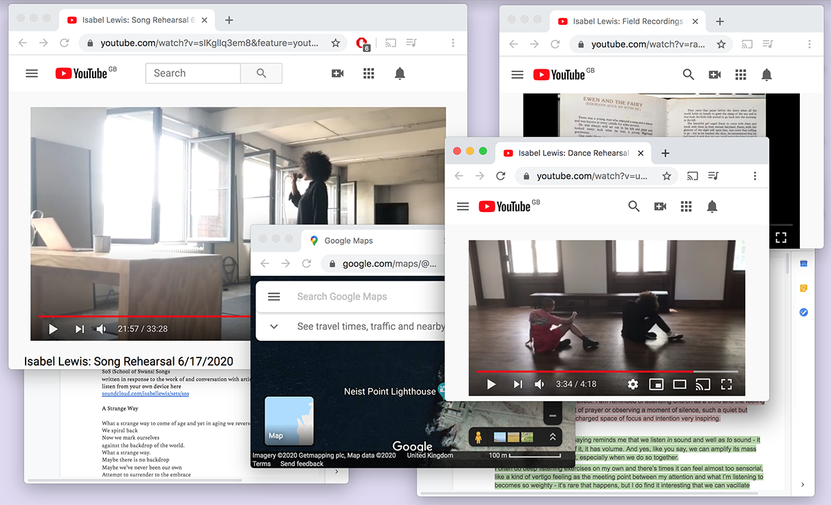 Isabel Lewis, multiple windows from staging a digital rehearsal as an interactive situation for the screen, Art Night Trailers, 2020.