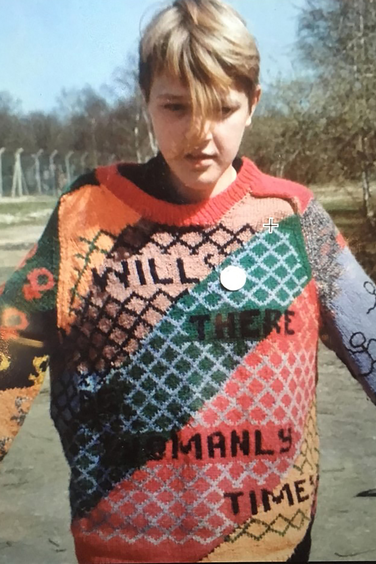 Knitwear made and designed by Juley Howard for Anne Gilholy, worn by her daughter Dina Gilholy at Greenham Common (c.1987). Courtesy Juley Howard