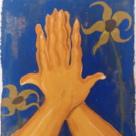 This portrait gouache painting on a dark blue painted paper has two orange yellow hands and forearm stretched out in full view. The left hand lays flat on the right, palm to back of hand with both thumbs outstretched pointing to the edge of the painting. Two dark yellow flowers sit in the background.
