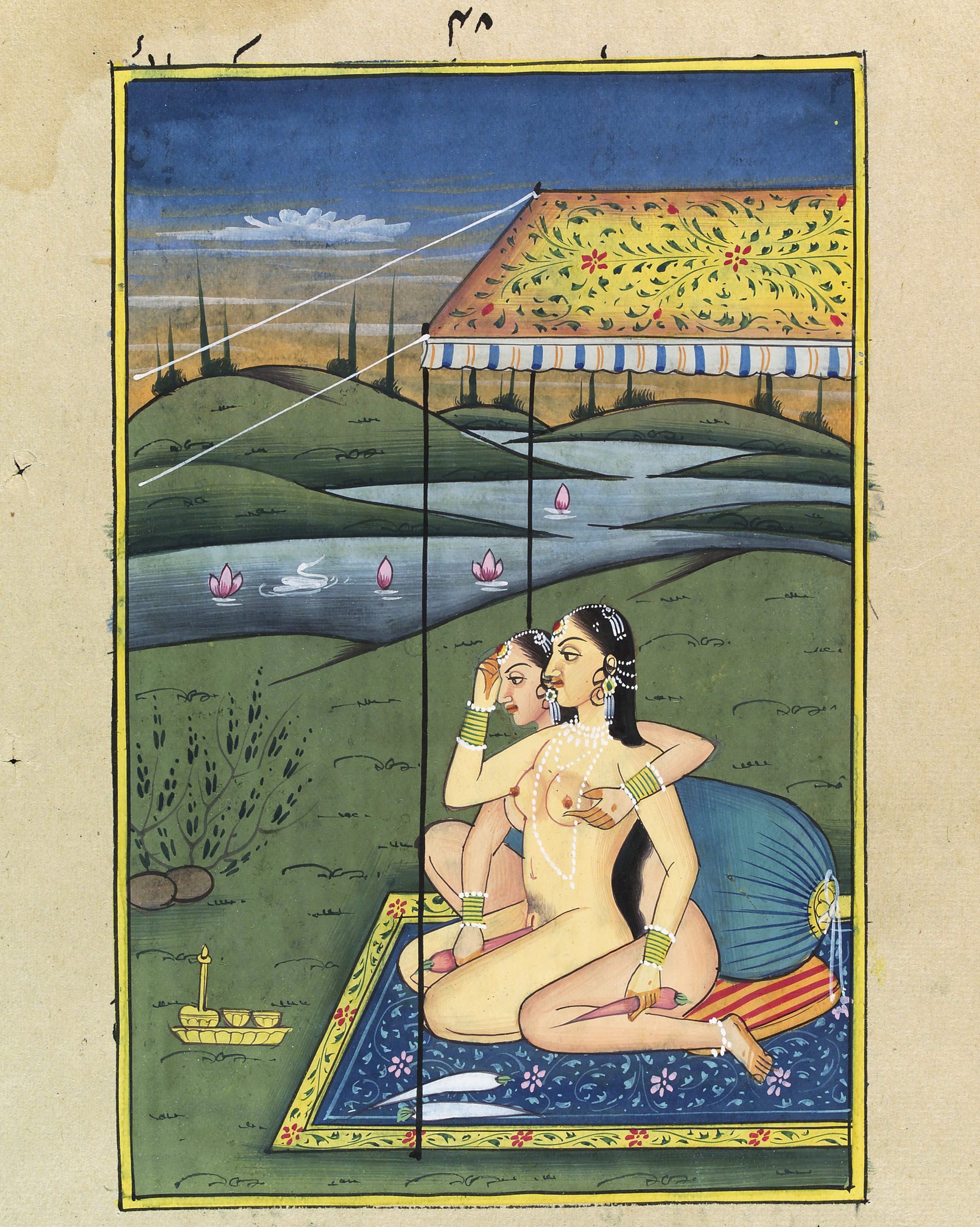 Two women embracing and using carrots as dildos. Gouache painting by an Indian painter. Dated between 1900 and 1999. Courtesy The Wellcome Library